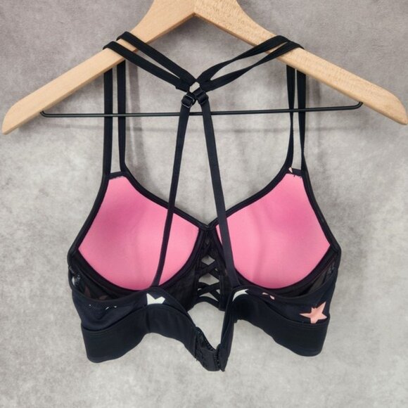 Victoria's Secret Pink Ultimate Strappy Push-Up Sports Bra SMALL Black & Stars - Picture 2 of 6